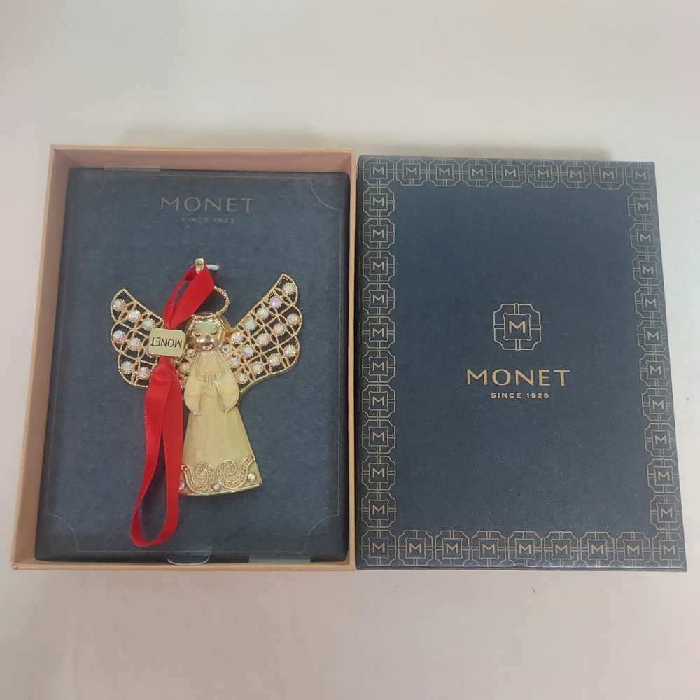 Monet Angel Ornament Gold Tone Faux Pearl Christmas‎ Holiday Gift Boxed
